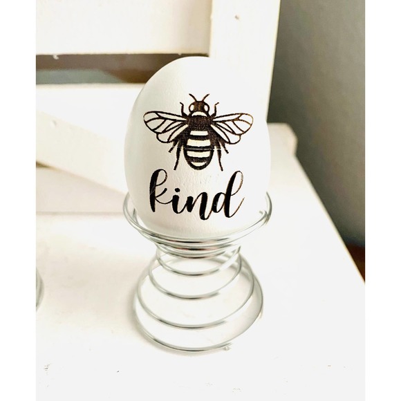 Set of 3 Farmhouse Bee Inspired White Wood Egg w/Stands - Picture 4 of 5